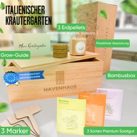 HAVENHAUS Herb Garden Italian | DIY Indoor Herb Garden Kitchen All Year Round | Herb Growing Set Including Herb Seeds, Potting Soil + Grow Box | Basil Rosemary Oregano Seeds | Growing Set Gift