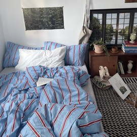 MKXI King Blue & Red Vertical Stripe Duvet Cover Set 3-Piece - 100% Cotton Textured Bedding with Zipper Closure & Corner Ties, Modern Coastal Vintage Aesthetic Comforter Cover