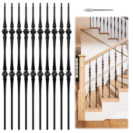 Muzata 10Pack 44'' Wrought Iron Balutser Hollow Double Spoon Metal Stair Spindles for 1/2" Square Metal Stair Iron Balusters for Staircase Interior Decorative Staircase Deck Railing WT31
