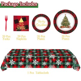G GENLEAS Christmas Dinnerware Set, Disposable Checkered Christmas Paper Plates Napkins Forks and Tablecloth，Christmas Party Supplies for Holiday, Serves 20（Red Plaid）