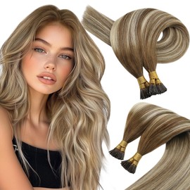 Sunny Hair I Tip Hair Extensions 50G Itips Human Hair Extensions for Women Real Human Hair Straight I Tip Hair Extensions Human Hair Medium Brown Balayage Platinum Blonde with Highlight 24inch