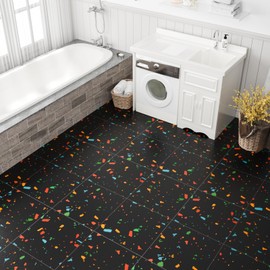 VaryStyle 18-Sheet Vinyl Flooring Black Colorful Terrazzo Floor Tiles Peel and Stick Waterproof Bathroom Flooring Tile 12x12 Inch Removable Self Adhesive Thick Stick on Floor Tiles for Kitchen Bedroom