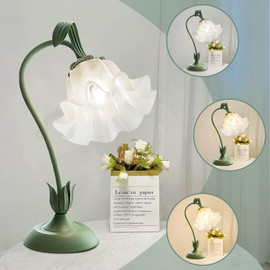 Green Flower Lamp for Home,Bedside Vintage Table Lamps, Lily of The Valley Reading Lights,3 Colors Modes Kawaii Bedside Lamp Decor,with E26 Bulb Nightstand Light for Living Room Office Bedroom