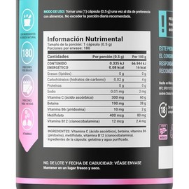 Metil Folato. 180 Cápsulas. Apoyo Durante el Embarazo y Claridad Mental. 500 mg por Cápsula. Adicionado con Betaína, B6, B12 y Vitamina C. Ingrediente