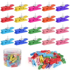 Coptiner Pack of 100 Push Pin Clips, Wooden Pegs with Pins, Wooden Clips, Push Pins with Wooden Clips, Thumbtacks for Wall Cork Boards, Cards, Notes, Photos (Colourful)