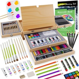 Conda 96 Piece Premium Wooden Art Set with 2 Drawing Pads - Painting & Drawing Supplies Kit with Watercolor, Acrylic Paints, Brushes & More Art Supplies for Artists Adults Teens Girls