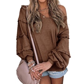 BTFBM Women’s V Neck Long Sleeve Blouse Loose Fit Tunics Ruffles Off Shoulder Waffle Knit Solid Color Tops Fall Tee Shirts(Solid Coffee,X-Large)