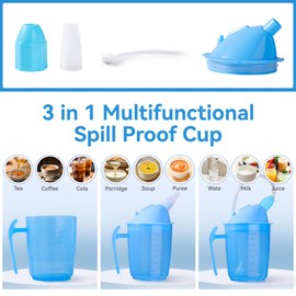 FAMJOALE Adult Sippy Cup for Elderly Spill Proof, 3 In 1 No Spill Plastic Elderly Care Cup with Lids And Long Straws, 12oz Hospital Dysphagia Cup for Hospital Patients, Pregnant, Disabled (Blue)