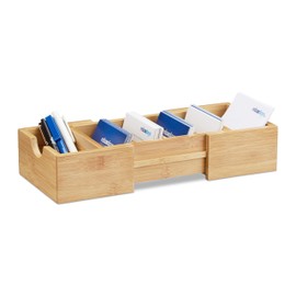 Relaxdays Karteikasten DIN-A8 Bambus, Visitenkarten Organizer, zum Ausziehen, H x B x T: ca. 5,5 x 13 x 30 cm, natur