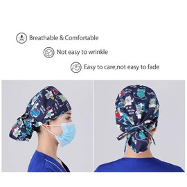 Deluxe Scrub Cap with Buttons Long Hair Bouffant Hat with Sweatband Adjustable Cotton Turban Head Cover Hair Nets Covering Skull cap for Hospital Workshop Home Beauty Catering (Printed A)