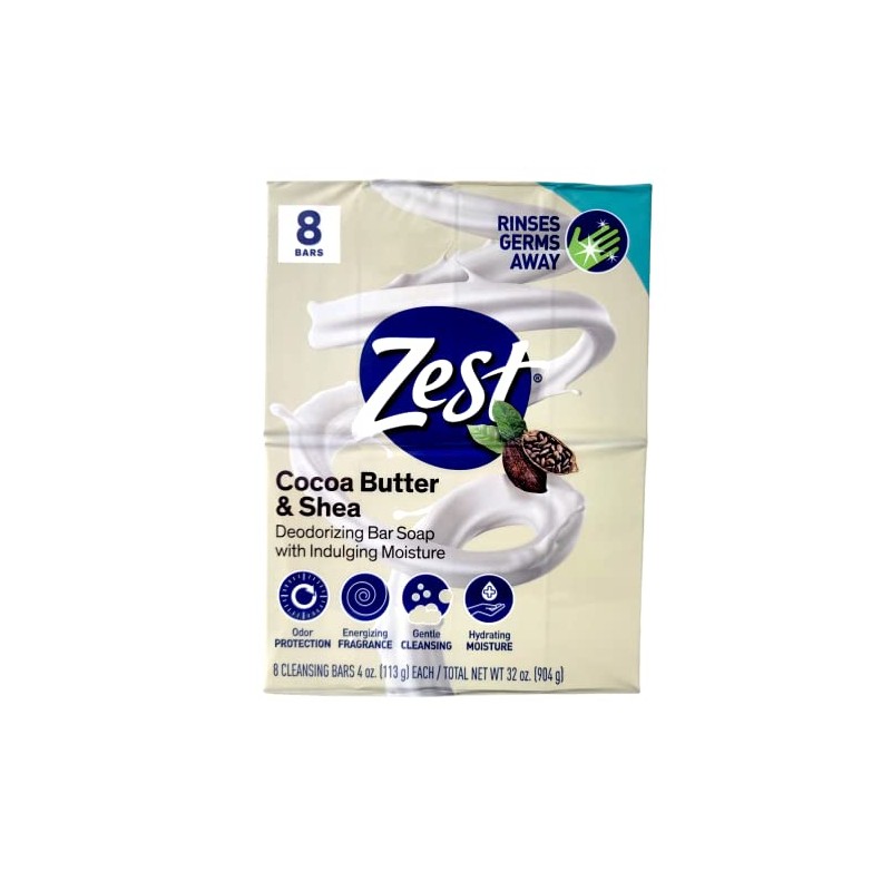 Zest 8-Bar Bath Size Soap, Creamy Cocoa Butter & Shea,