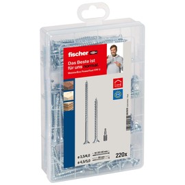 fischer Meister-Box PowerFast II Chipboard Screw, Presorted Assortment Box with 220 Blue-Galvanised Screws and 2 Bits, Countersunk Head, TX Drive, Partial and Full Thread, Universal Set for Mounting