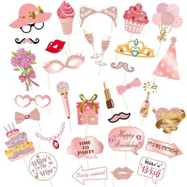 33 Pcs Rose Gold Party Photo Props RUIFUNETEK Glitter Birthday Photo Booth Props with Stick, Crowns, Flowers, Lips, Lipsticks, Glasses, Hat, Pink Selfie Party Decorations Supplies