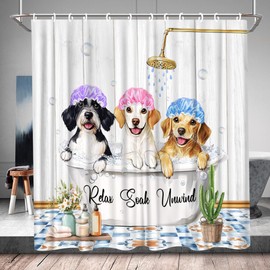 Funny Dog Shower Curtain Cute Animals Farmhouse Vintage Wooden Plank Bubbles Rustic Polyester Fabric Bathroom Bathtub Accessories Set with Hooks 70W x 70H Inch
