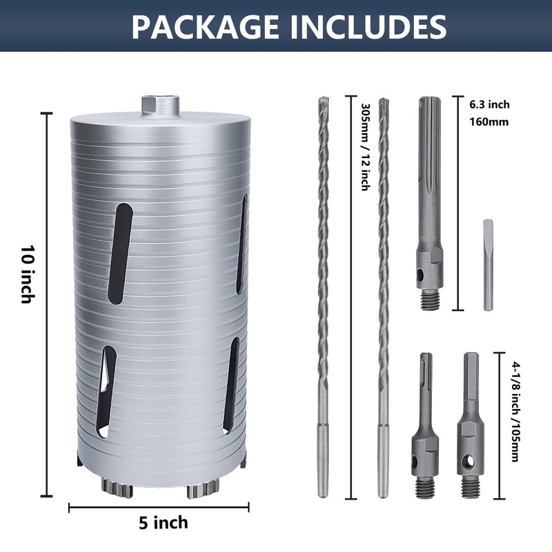 5 inch Diamond Dry Core Drill Bit, 10" Drilling Depth,