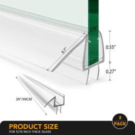 Shower Door Bottom Seal, 2-Pack PVC Strips with Sweep 39" Long, for 5/16"(8mm) Thick Framless Glass Door, to Stop Water Leakage