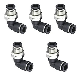 Jienk 5Pcs Bulkhead Elbow 1/4" x 1/4" Tube OD Push to Connect Tube Fitting, PLM-1/4 Bulkhead 90 Degree Elbow Pneumatic Quick Connect Air Fitting