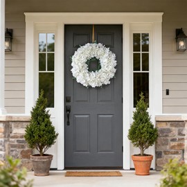 21" Artificial Hydrangea Flower Wreath for Front Door Decor (White)