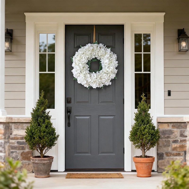 21" Artificial Hydrangea Flower Wreath for Front Door Decor (White)
