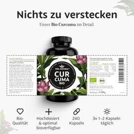 Organic Curcuma (Turmeric) and Black Pepper Per Daily Dose Capsules, 240 Pieces, 4500 mg, Laboratory Tested No magnesium stearate. Vegan, Made in Germany