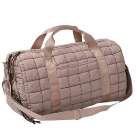 Quilted Puffer Weekender Duffel Bag, Travel Shoulder Bag with Trolley Sleeve, Waterproof Shoe Compartment, Double Zip Closure, Silver Hardware (Adventure Taupe)