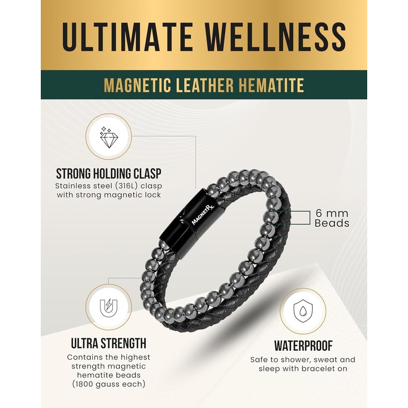 MagnetRX® Hematite & Leather Magnetic Bracelet - MAX Strength Natural
