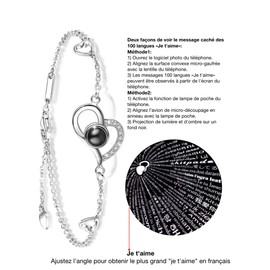 Women's Bracelet with Heart Love Memories Zirconia Projection in 100 Languages I Love You 925 Sterling Silver Bracelet Women and Girls, Sterling Silver, Cubic Zirconia