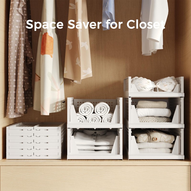 Pinkpum Stackable Plastic Storage Basket-Foldable Closet Organizers and Storage Bins