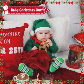 Baby Christmas Outfit - Baby First Christmas Gifts, Christmas Elf Costume Baby Long Sleeve Elf Outfit, Baby Girls Boys Christmas Outfits, Newborn Christmas Outfit Infant Onesies+Elf Hat (0-12 Months)