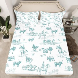 Western Cowboy Farmhouse Fitted Sheet Queen Size Cyan White Sketch Animals Tree Bedding Set Southwest Wild Horse Cow Bed Sheet for Kids Boys Girls Men Bedroom Decor Rustic Deep Pocket Sheet 3Pcs