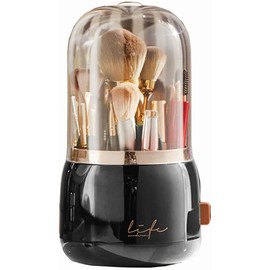 Bingobang Makeup Organiser Brush Holder 360 Rotating with Dustproof Lid, Spinning Cosmetic Organizer Acrylic, Storage for Lipstick, Lip Gloss, Eyeliner, Bedroom, Bathroom (Black)