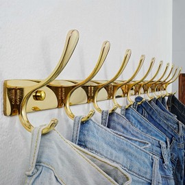 SKOLOO Wall Mounted Coat Rack - 10 Hooks, Heavy Duty, Stainless Steel, Metal Wall Hangers, Sturdy Coat Hooks for Hanging Coats, Jacket, Clothes, Hat, Bright Gold
