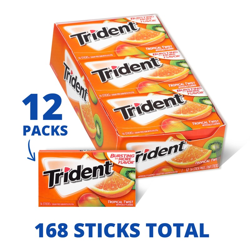 Trident Tropical Twist Sugar Free Gum, 12 Packs of 14