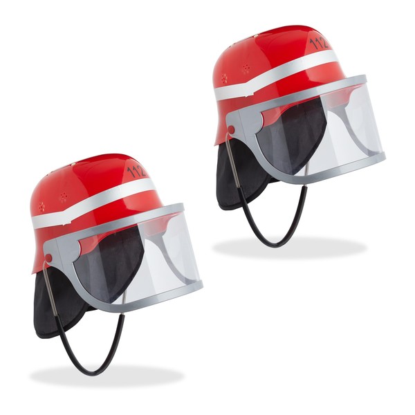 Relaxdays Children's Fire Brigade Helmet Set of 2, Adjustable, Foldable Visor, Neck Scarf, Fire Brigade, HBT 24.5 x 22.5 x 28 cm, Red