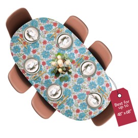 Covers For The Home Deluxe Elastic Edged Flannel Backed Vinyl Fitted Table Cover - Floral Pattern - Round Oblong Oval - Fits Tables up to 48" W x 68" L