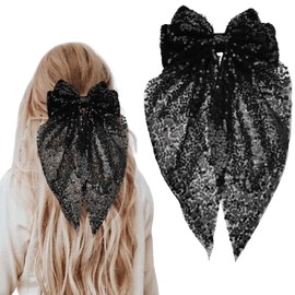 Big Sequin Black Hair Bow Clips Glitter Bows for Hair Ribbon Bow-Knot Hair Clips Barrettes Headwear Disco Festival Party Hair Accessories for Women