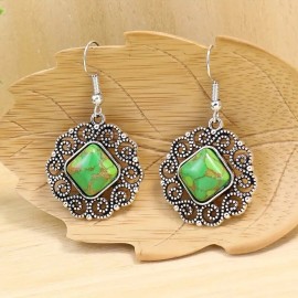 Boho Style Inlaid Green Square Gemstone Necklace & Earrings Jewelry Set