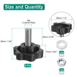 sourcing map 4pcs Star Clamping Knobs with Nuts Washers, M8 x 20mm Metric 304 Stainless Steel Male Thread 38mm 6-Star Plastic Head, Threaded Stud Hand Knobs Handles Thumb Screws, Black
