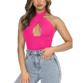 REORIA Women's Sexy Criss Cross Halter Neck Sleeveless Party Club Night Going Out Thong Bodysuits Tops Neon Rose Red X-Large