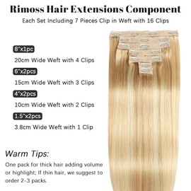 Rimoss Extensiones De Cabello Con Clip Para Cabello Humano Real, 22", 7 Piezas, Extensiones De Cabello Humano Con Clip En Extensiones De Cabello Rubio Sucio A Rubio Blanqueador Resaltado Liso, Extensi