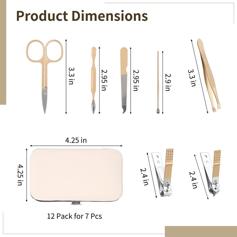 12Pack Stainless Steel Manicure Sets, 7pc Mini Travel Nail Grooming