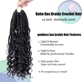 Goddess Box Braids Crochet Hair 14 Inch Bohemian Box Braids Crochet Hair with Curly Ends Boho 3X Synthetic Crochet Braiding Hair for Black Women (8 pack, 1b#)