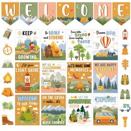 gisgfim 33 PCS Camping Welcome Posters Camping Welcome Bulletin Board Motivational Posters Positive Inspirational Quotes Paper Cutouts Classroom Decorations for Back to School Home Wall Door Supplies