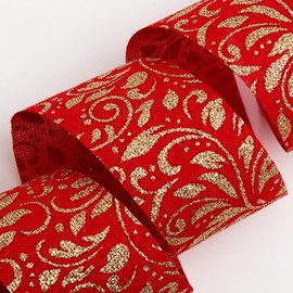 Hessian Christmas Ribbon Red Gold Lurex Leaf Scroll 38mm x 10M