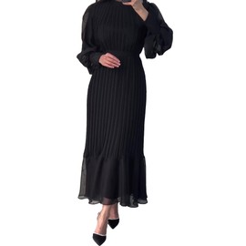 Sexyshine Women's Mock Neck Long Sleeve Full Pleated Chiffon Maxi Dress High Waist Belted Ruffle A Line Cocktail Party Long Dress(27061BL,M) Black