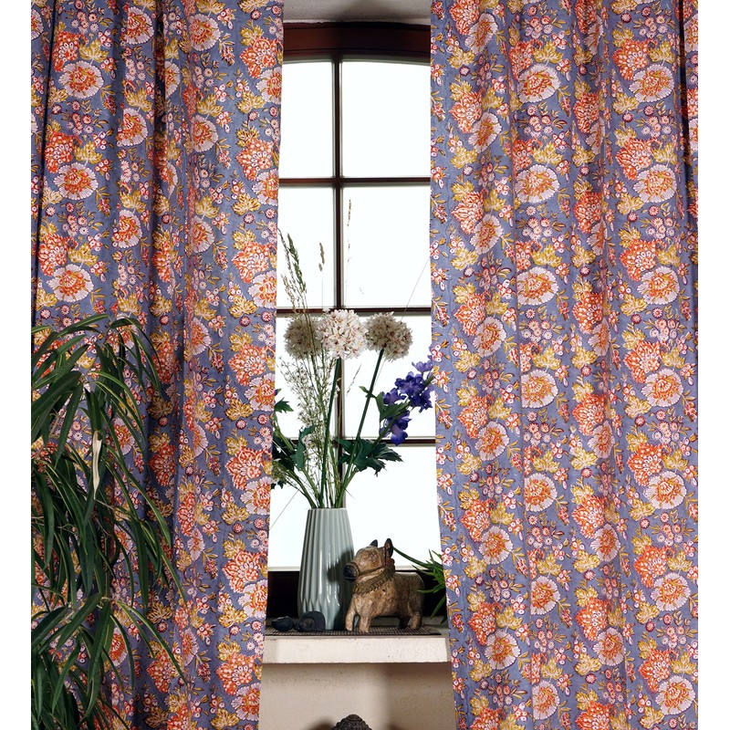 Boho Curtains (1 Pair) with Loops, Hand Printed Ethnic Style