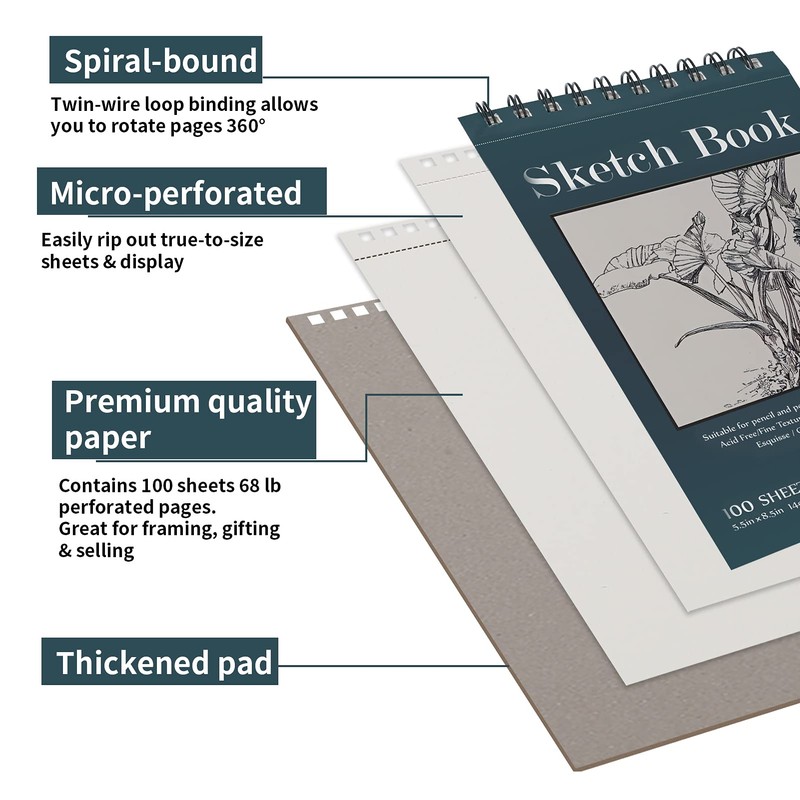 5.5" x 8.5" Sketchbook Set, Top Spiral Bound Sketch Pad,