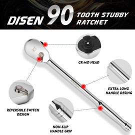 DISEN 1/4" Drive Ratchet,90-Tooth Ratchet Wrench with 7" Handle and Dust Proof Teardrop Enclosed Head, Reversible, CR-V Steel Made, CR-MO Head, Full Polished, Gifts for Men
