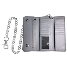 IBRO Motorcycle Chain Wallet for Men – 100% Natural Genuine Leather, Long Trifold RFID Blocking, Credit Card Money Organizer - Men’s Trucker Biker Metal Chain Wallets Aniline Grey