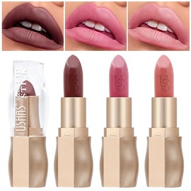 USHAS 3Pcs Matee Lipstick Set - Long Lasting Lip Makeup, Brown & Nude lipstick for women, Cream Finish Hydrating, Full Coverage Lip Color (Set 1 (01-03), Pack of 1)
